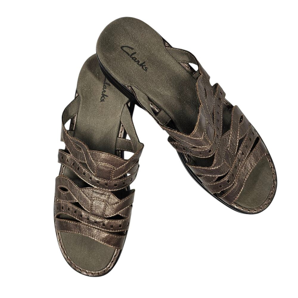Clarks Metallic Bronze Leather Slides Sandals Size 9